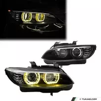 DTM style Xenon Priekiniai Žibintai su Geltonais LED Angel Eyes, komplektas skirtas BMW E92 / E93 PRE-LCI (06-10)