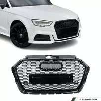 RS išvaizdos Priekinės Grotelės skirtos Audi A3 / S3 8V facelift (16-20) be distroniko, juodos blizgios