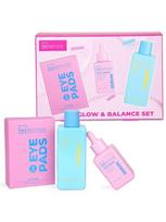 Veido priežiūros rinkinys IDC Institute Glow & Balance Set moterims: veido tonikas, 200 ml + veido serumas, 50 ml + paakių kontūro kaukės, 3 poros