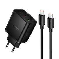 Hoco 2x USB C + USB A QC3.0 PD 3A 65W phone charger + USB C to USB C data cable, N75, black
