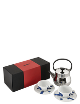 Alessi - Set Consisting Of Kettle ‘Cha’ And Two Teacups With Saucers In Decorated Porcelain - Arbatos puodelis - Sidabro