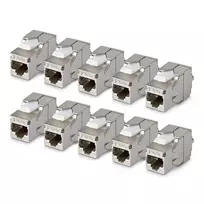 StarTech.com Shielded Cat6a Keystone Jack Module, 10-Pack RJ45 Ethernet Coupler, STP Cat6a Wall Jack, 180 Degree, Tool-less, Flat, Silver