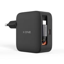 Kelioninis įkroviklis X-ONE ChargeGo GaN 65W su įtraukiamu laidu ir USB C prievadu – juodas