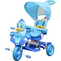 Vaikiškas triratis Duck, mėlynas, su garsais, stogeliu, apsaugine juosta, atrama kojoms, rankena ir daiktadėže
