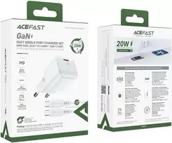 Acefast A73 Mini PD 20W GaN laidinis įkroviklis + USB-C kabelis – baltos spalvos