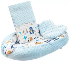 Prabangus kūdikio lizdas su pagalve ir antklode New Baby iš Minky mėlynas