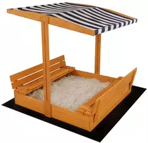 Vaikiška medinė uždaroma smėlio dėžė su suolais ir baldakimu Baby Mix 120x120 cm mėlynos ir baltos spalvų