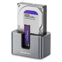 Qoltec 2-in-1 Docking Station with Cloning Function for HDD and SSD Drives | 2.5" 3.5" SATA 6Gb/s | M.2 NVMe 10Gb/s | USB-C 3.2 Gen 2 | 28TB | Aluminium