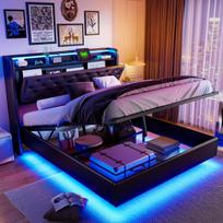Šiuolaikinė dvigulė lova su LED apšvietimu, 2 USB prievadai, hidraulinė lova su grotelėmis, 160x200 cm, juoda PU oda, be čiužinio