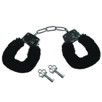 BDSM rankogaliai su dirbtiniu kailiu Sportsheets Furry Handcuffs, juodi, su raktais