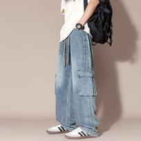 Large Size Wide-leg Jeans Men's Spring Loose Straight Plus Fat Plus Large Fatty Casual Work Draped Trousers M mėlyna