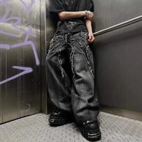 Unisex Y2k gotikiniai vintažiniai džinsai su vorų siuvinėjimais, amerikietiško stiliaus džinsinės kelnės, plačios klešnės, hiphopo gatvės stilius S juoda