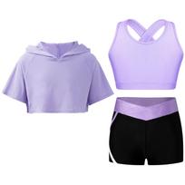 3Pcs/Set Kids Girls Sports Set Sleeveless Cross Back Keyhole Back Vest Short Sleeve Hooded Crop Top V-front Waistband Shorts 5-6 Years levanda