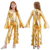 Kids Retro 70s Disco Jumpsuit, Flare Sleeve Ruffle Bodysuit with Bell Bottom Pants, Comfortable Dance Party Cosplay Costume 5-6 Years auksas
