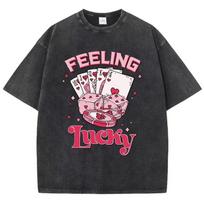 Feeling Lucky Cotton Washed T-Shirts Poker Dice Printed Tops Comfortable O-Neck Oversize T Shirts Summer Man Clothes 2XL gray