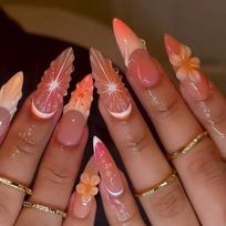 Almond-Shaped Fake Nails with 3D Fruit Resin Flowers for a Cute, Whitening Look