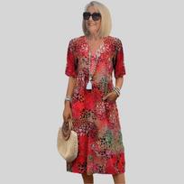 2026 Summer European-American Retro Print V-Neck Casual Pocket Vacation Dress for Women. XXXL raudona