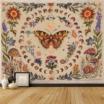 VIKAMA Bohemian Butterfly Flower Tapestry Vintage Moon Phase Mushroom Decorative Cloth Bedhead Yoga Room Decoration 74x94cm(29x37in)