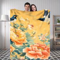 1pc Floral & Bird Throw Blanket - Mustard Yellow with Peonies - All-Season Soft Flannel-like Texture - Lightweight & Portable fo 75x90cm28x35in