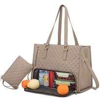 2 in 1 Lunch Tote Bag for Women Large Capacity Insulated 15.6 Inch Laptop Bag Lunch Compartment with Purse Computer Handbag chaki