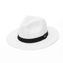 Summer 100% Paper Wide Brim Fedora Hat for Women Sun Beach Straw Hat Men Panama Cap with Black Band 56-58cm balta