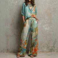 Womens V Neck Floral Print Tie Waist Wide Leg Pants Set S