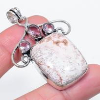 Natural Laguna Lace Agate, Kunzite 925 Sterling Silver Pendant 2.17  r1P30