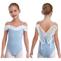 Girls Ballet Gymnastics Leotard: Butterfly Back Ruched Mesh Collar Spaghetti Straps Sleeveless Design for Dance Performance 3-4 Years šviesiai mėlyna spalva