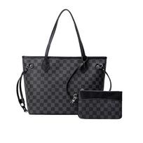 (Black) Women Checkered Tote Shoulder Bag Purse Pu Leather Handbag Bag With Inner Pouch