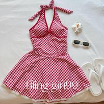Berry Jam Pure Desire Red Plaid V-neck Lace Neck Vest Hot Girl Swimsuit One-piece Vacation M