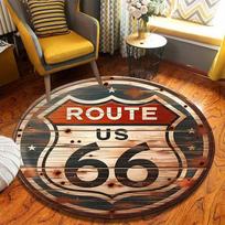 VIKAMA American Vintage Route 66 Round Rug Aged Wooden Texture Non Slip Living Room Rug Nostalgic Style Home Decoration 80cmx80cm