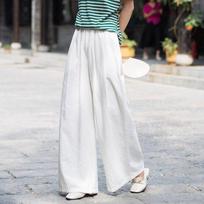 Womens White Linen Elastic Waist Wide Leg Pants M balta