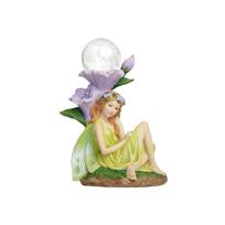 Solar Powered Resin Garden Fairy Figurine Miniature Landscape Ornament Outdoor Patio Decoration Small Night Light with Flower Base One Size