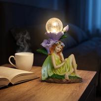 Solar Powered Resin Garden Fairy Figurine Miniature Landscape Ornament Outdoor Patio Decoration Small Night Light with Flower Base One Size