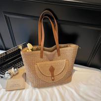 Yogodlns Women's Woven Straw Tote Bag Leather Patchwork Decor Large Capacity Casual Daily Beach Vacation Shoulder Handbag 46x16x30cm chaki