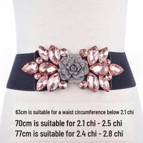 Women's Black Elastic Wide Waist Belt with Imitation Crystal Rose Decoration 60-80cm