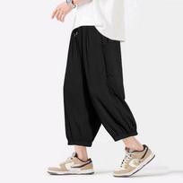 Summer Solid Loose Men Ankle Length Pants Streetwear Fashion Big Size Male Clothing Elastic Waist Casual Thin Wide Leg Trousers XS juoda