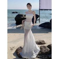 Super fairy vacation wind perspective mesh tube top skirt fishtail long dress dress white dress light wedding dress S
