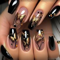 24Pcs Medium Ballet Press-On Nails, Gold Glitter Butterfly Rhinestone, Glossy & Long-Lasting A19-01-10 brown
