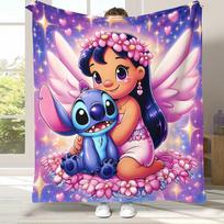 Cartoon Lilo Stitch Angel Flannel Blanket,Ultra Soft Warm Plush Throw for Home Bedroom Bed Sofa Cover Camping Picnic gift 75x90cm blue