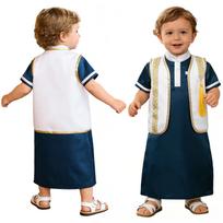 Baby Muslim Dubai Clothing Metallic Gold Trim Tassel Front Open Vest Stand Collar Short Sleeve Two Tone Satin Robe for Ramadan Celebration 0-3Months mėlyna/balta