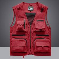 5XL Plus Size Multi-pocket Men Waistcoat Vest Classic Sleeveless Outdoor Photographer Travel Jacket Vest Mens Clothes M raudona