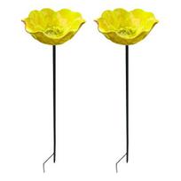 2Pcs Flower Stake Bird Bath Metal Flower Garden Stake Outdoor Bird Bath Pollinator Water 2pcs geltona