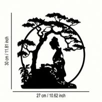 Vintage Geisha & Bonsai Flat Metal Wall Art, Black Iron Japanese Silhouette Decor 12in