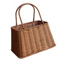 Plastic Imitation Rattan Basket Rustic Imitation Handwoven Picnic Basket Wtih Handle for Food Storage beige