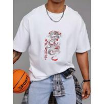 White T Shirt with Dragon and Chinese Characters Print for Casual Wear S balta