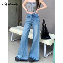 Korean Style Spring Autumn Women Light Blue Flare Jeans High Waist Solid Basic Classical Denim Pants Elegant Vintage Feminine Ladies' Jeans L mėlyna