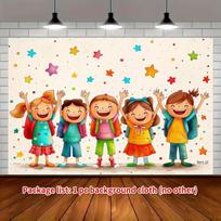 2D Back to School Backdrop, Cheerful Children with Backpacks & Colorful Stars Background 47.2x31.5inch/120*80cm