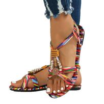 Women's Sandals Summer New Color Woven Beaded Round Head Flat Bottom Large Size Women's Sandals 36
