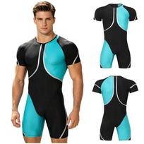 Men One-piece Swimsuit Short Sleeve Back Invisible Zipper Metallic Trim Color Blocking Jumpsuit Thigh Length Bodysuit Swimwear S šviesiai mėlyna spalva